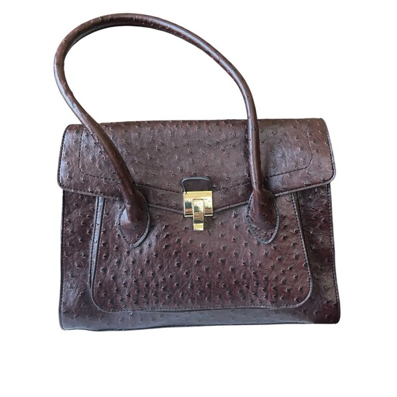 London Fog Vegan Ostrich Leather Handbag Satchel Double Strap Brown - Picture 1 of 8